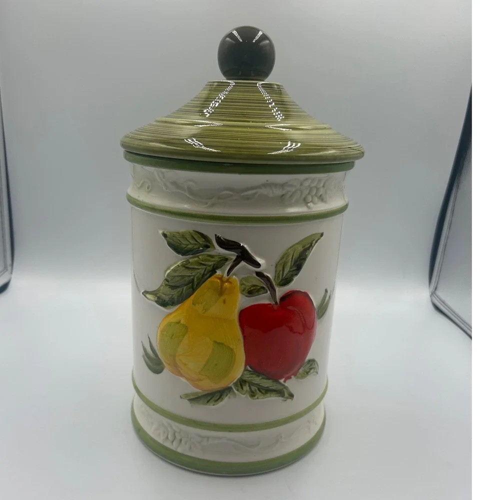 Ceramic Fruit Kitchen Canister with Lid Embossed Apple Pear White Green Trim